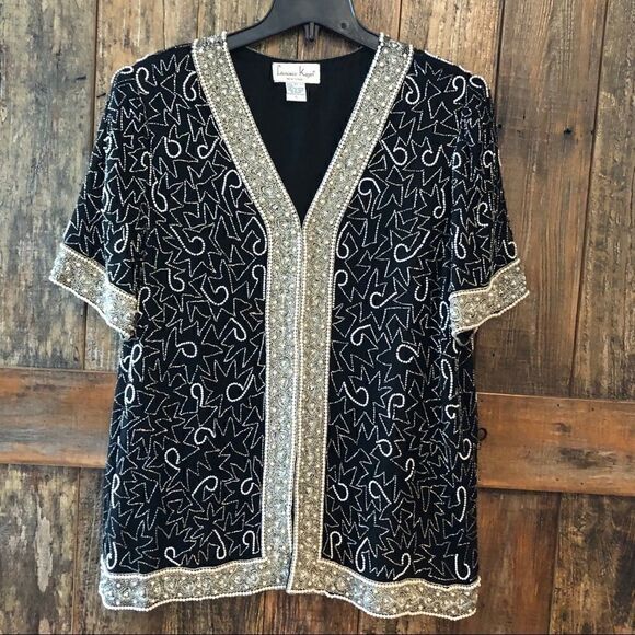 Laurence Kazar Sz XL Vintage Heavy Black Silver Beaded & Sequined Mafia Vibe Top - Picture 2 of 8